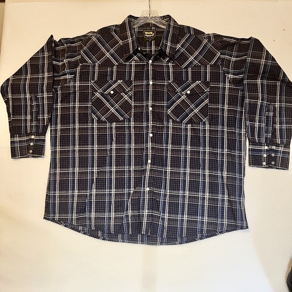 Work n Sport Mens 3XL Blue Plaid Long Sleeve Pearl Snap Western Shirt